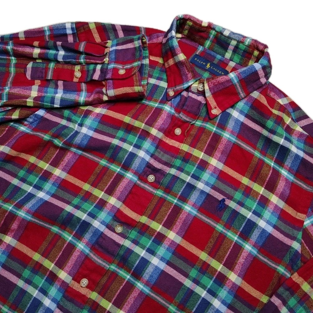 Ralph Lauren Flannel Shirt Mens L Red Plaid Cotton Button Down Pony Casual